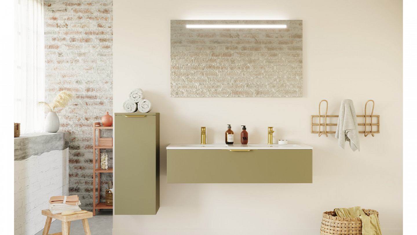 Meuble de salle de bain suspendu double vasque intégrée 120cm 1 tiroir Vert olive + miroir + colonne ouverture gauche - Swing