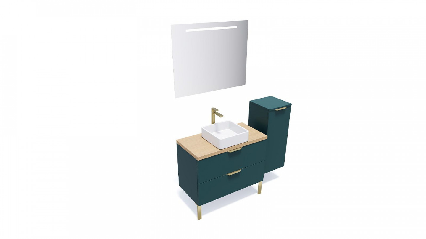 Meuble de salle de bain suspendu vasque à poser 90cm 2 tiroirs Bleu + miroir + colonne ouverture droite - Swing