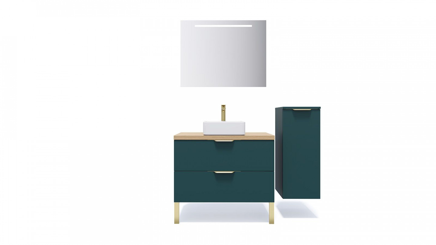 Meuble de salle de bain suspendu vasque à poser 90cm 2 tiroirs Bleu + miroir + colonne ouverture droite - Swing