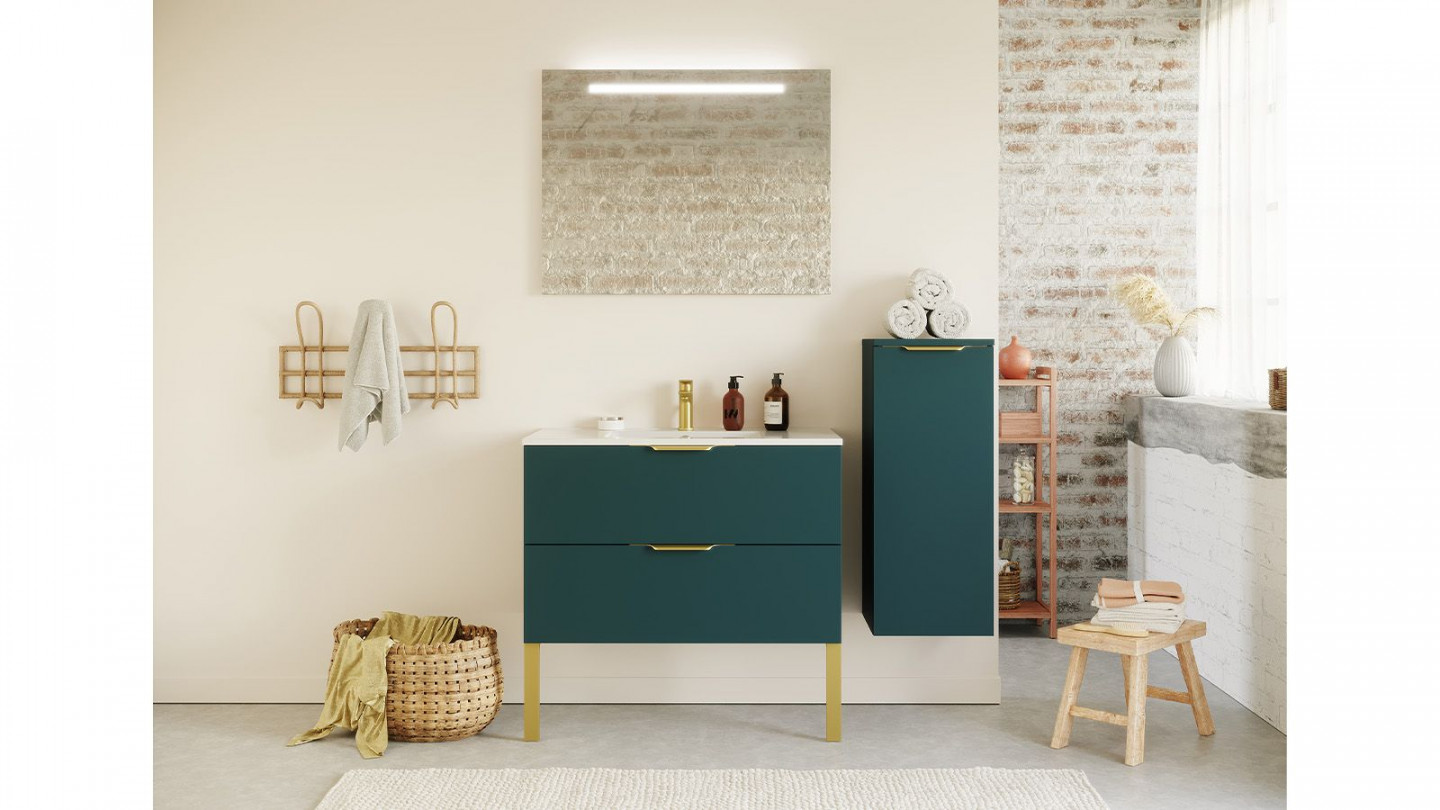 Meuble de salle de bain suspendu vasque intégrée 90cm 2 tiroirs Bleu + miroir + colonne ouverture droite - Swing
