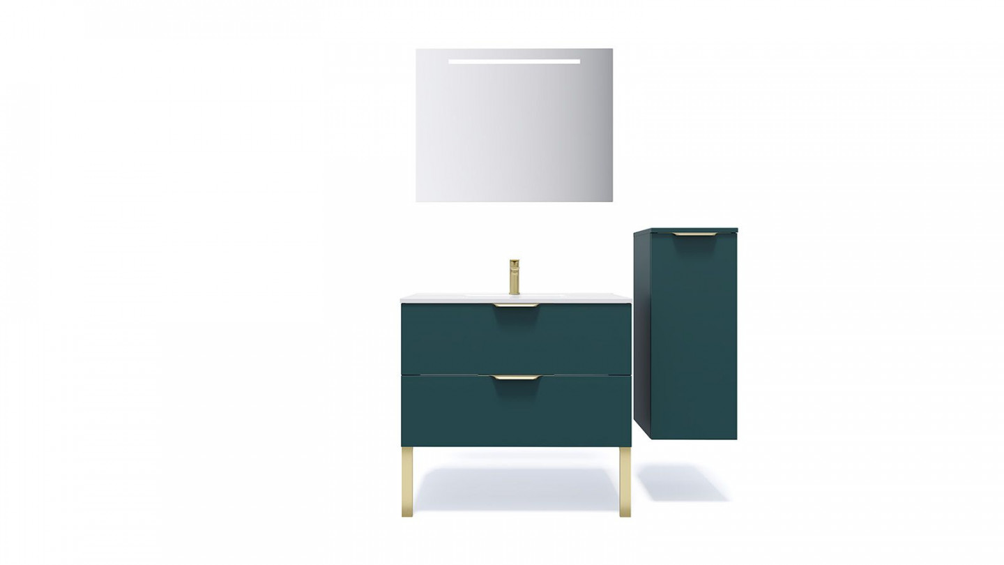 Meuble de salle de bain suspendu vasque intégrée 90cm 2 tiroirs Bleu + miroir + colonne ouverture droite - Swing