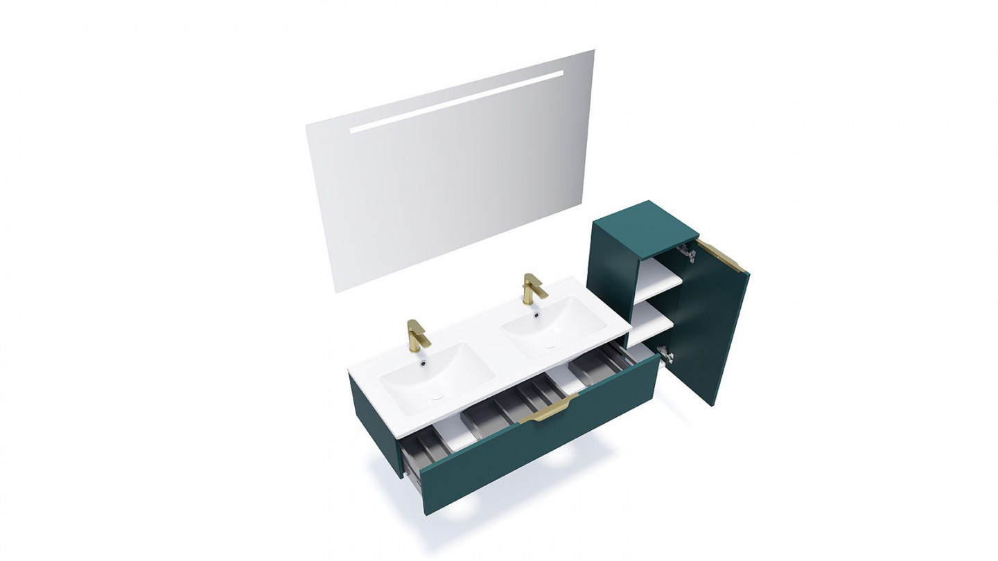 Meuble de salle de bain suspendu double vasque intégrée 120cm 1 tiroir Bleu + miroir + colonne ouverture droite - Swing