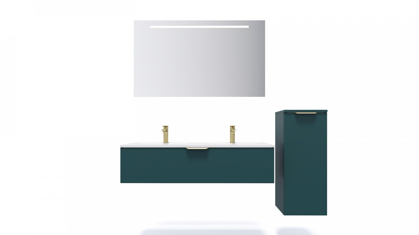 Meuble de salle de bain suspendu double vasque intégrée 120cm 1 tiroir Bleu + miroir + colonne ouverture droite - Swing
