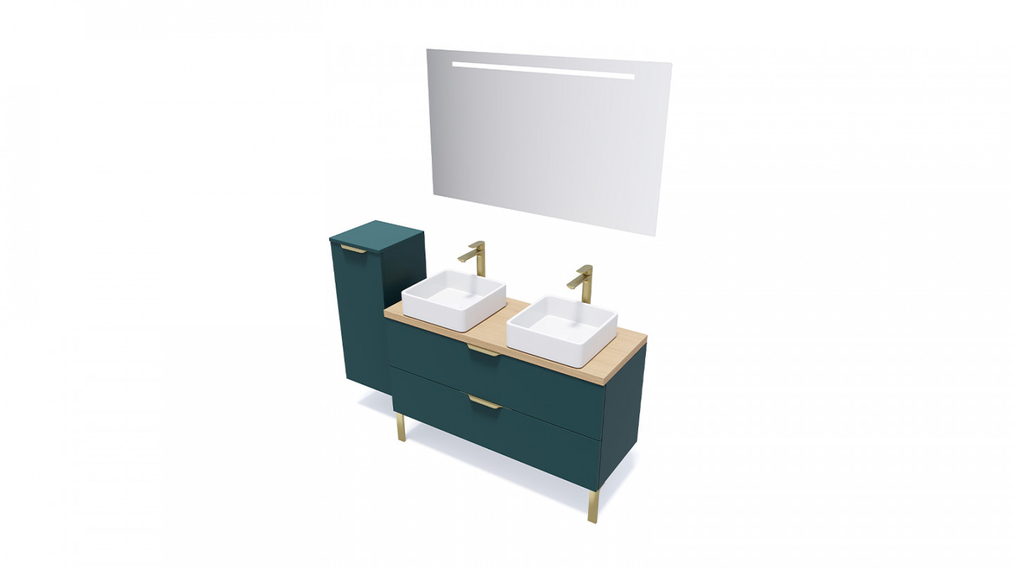 Meuble de salle de bain suspendu 2 vasques à poser 120cm 2 tiroirs Bleu + miroir - Swing