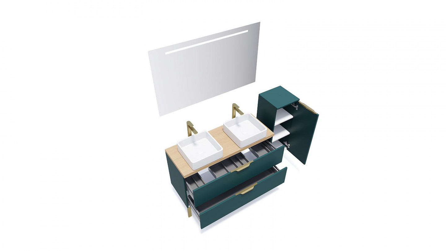 Meuble de salle de bain suspendu 2 vasques à poser 120cm 2 tiroirs Bleu + miroir + colonne ouverture droite - Swing