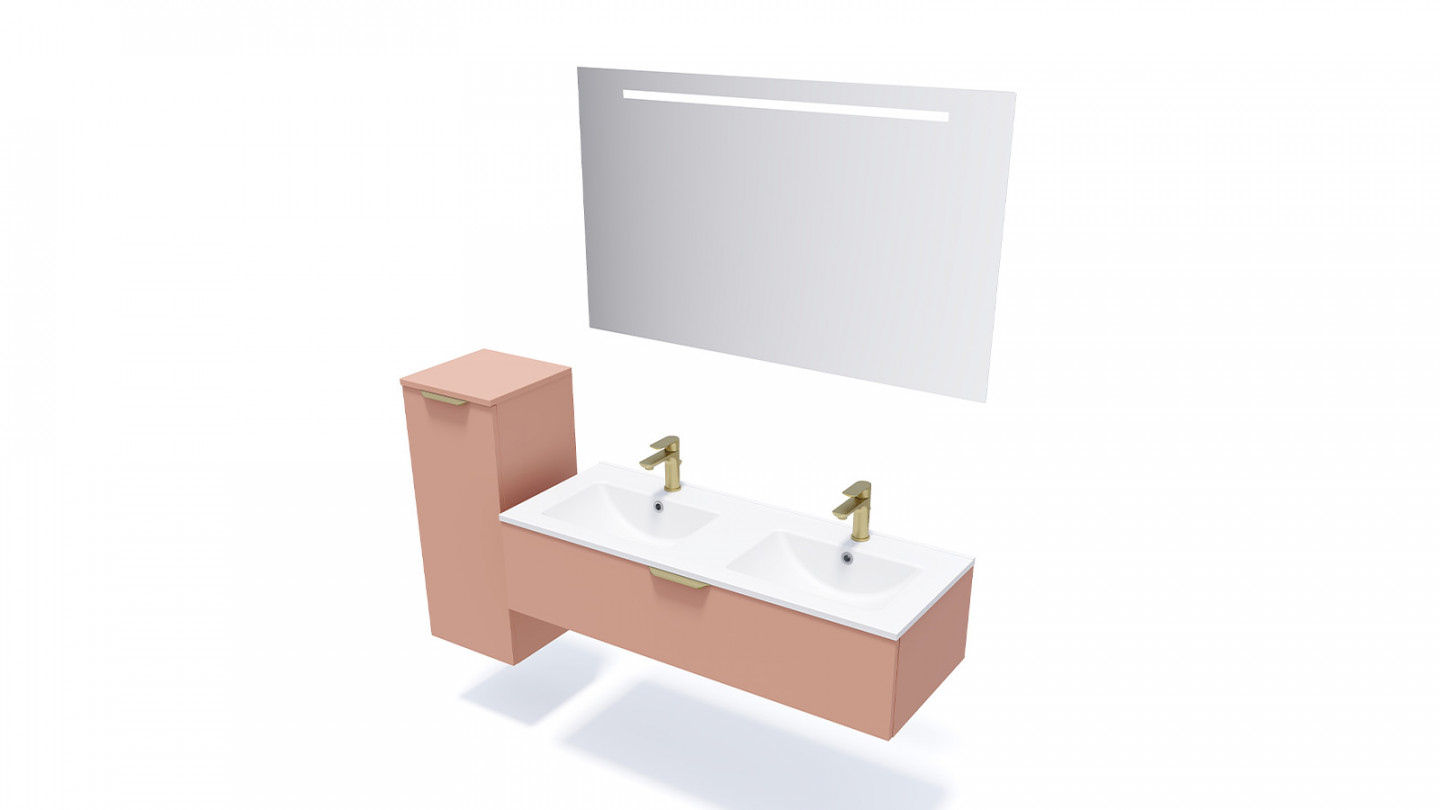 Meuble de salle de bain suspendu double vasque intégrée 120cm 1 tiroir Abricot + miroir + colonne ouverture gauche - Swing