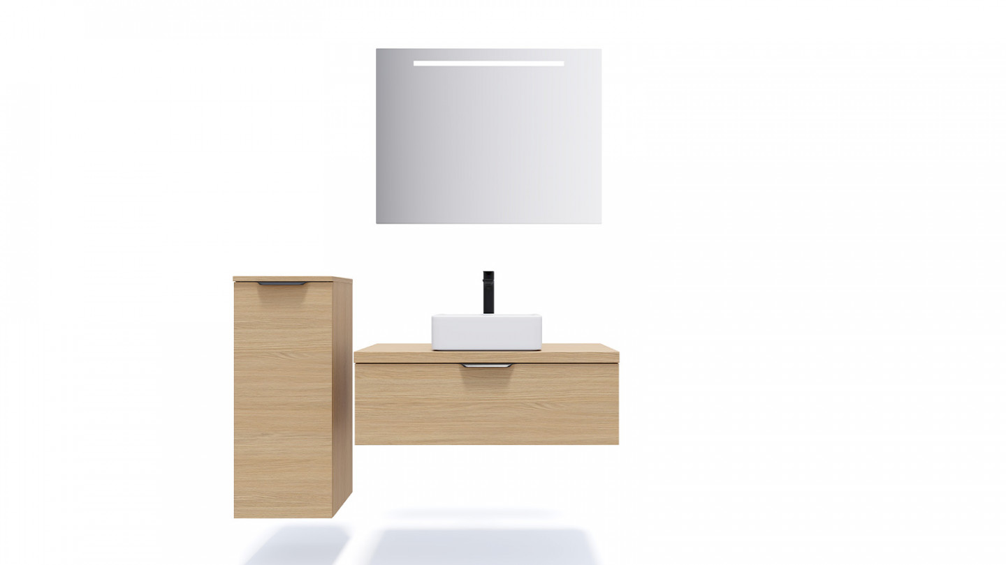 Meuble de salle de bain suspendu vasque à poser 90cm 1 tiroir Chêne clair + miroir - Swing