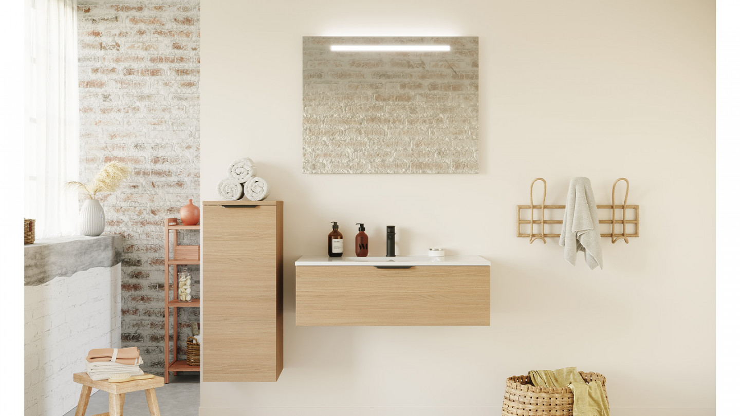 Meuble de salle de bain suspendu vasque intégrée 90cm 1 tiroir Chêne clair + miroir - Swing
