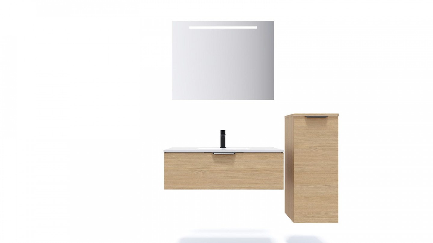 Meuble de salle de bain suspendu vasque intégrée 90cm 1 tiroir Chêne clair + miroir + colonne ouverture droite - Swing