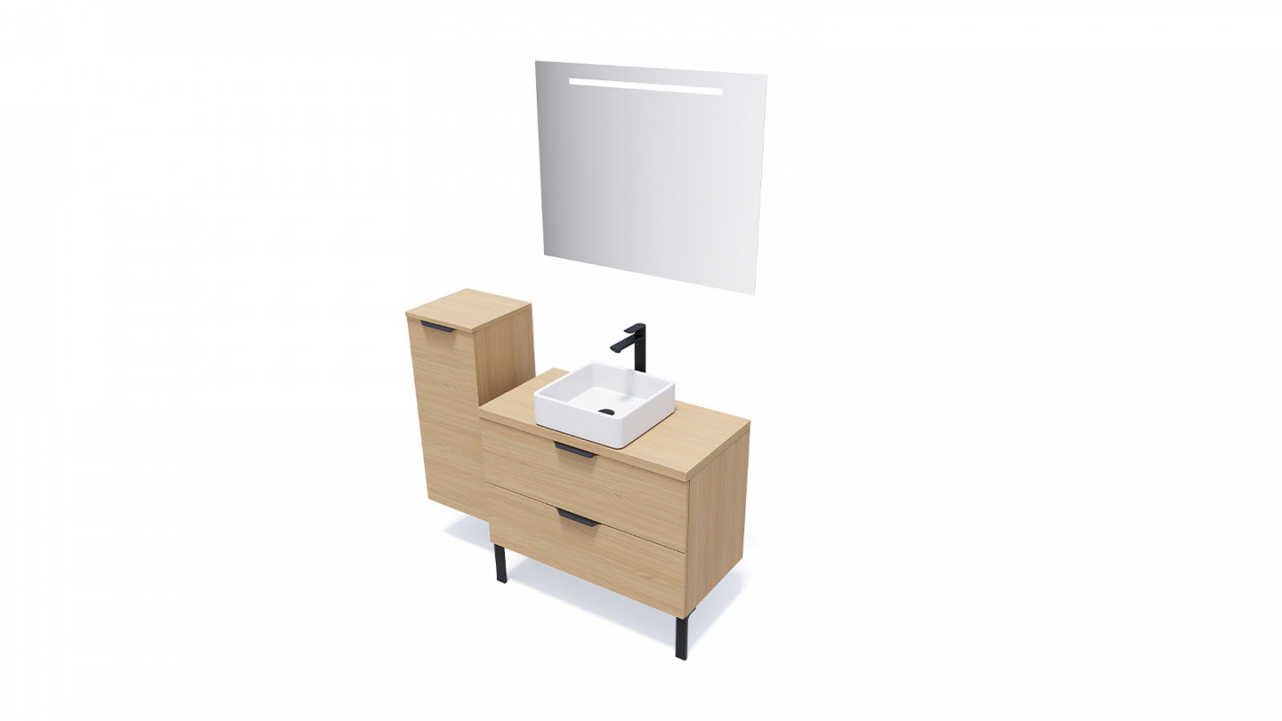 Meuble de salle de bain suspendu vasque à poser 90cm 2 tiroirs Chêne clair + miroir - Swing
