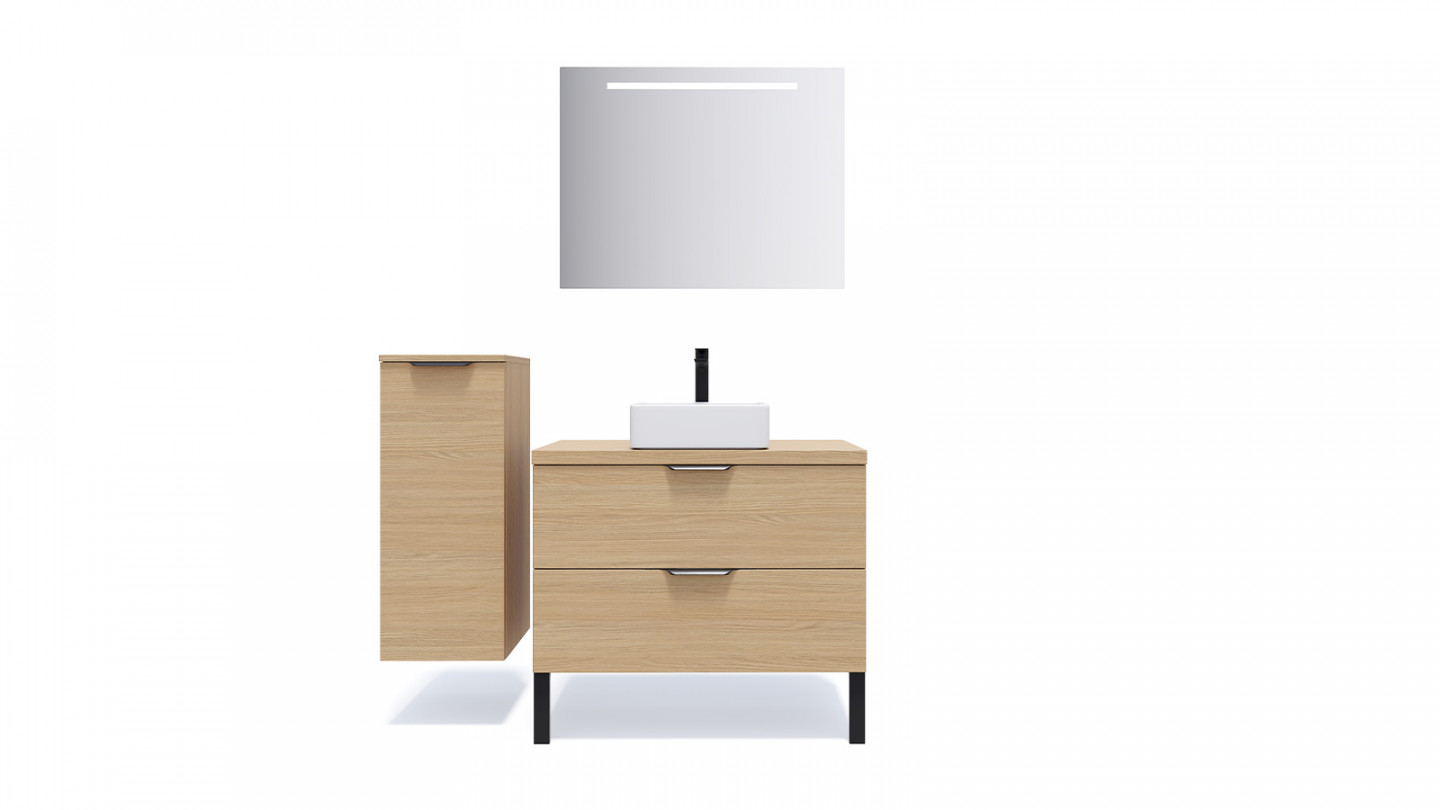 Meuble de salle de bain suspendu vasque à poser 90cm 2 tiroirs Chêne clair + miroir - Swing