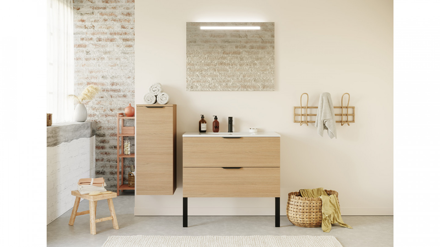 Meuble de salle de bain suspendu vasque intégrée 90cm 2 tiroirs Chêne clair + miroir - Swing