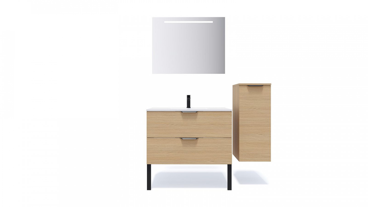 Meuble de salle de bain suspendu vasque intégrée 90cm 2 tiroirs Chêne clair + miroir + colonne ouverture droite - Swing