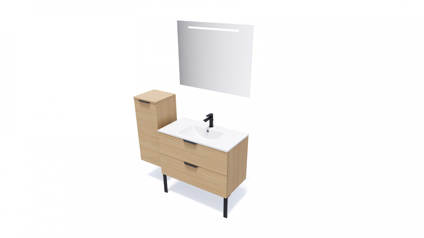 Meuble de salle de bain suspendu vasque intégrée 90cm 2 tiroirs Chêne clair + miroir + colonne ouverture gauche - Swing
