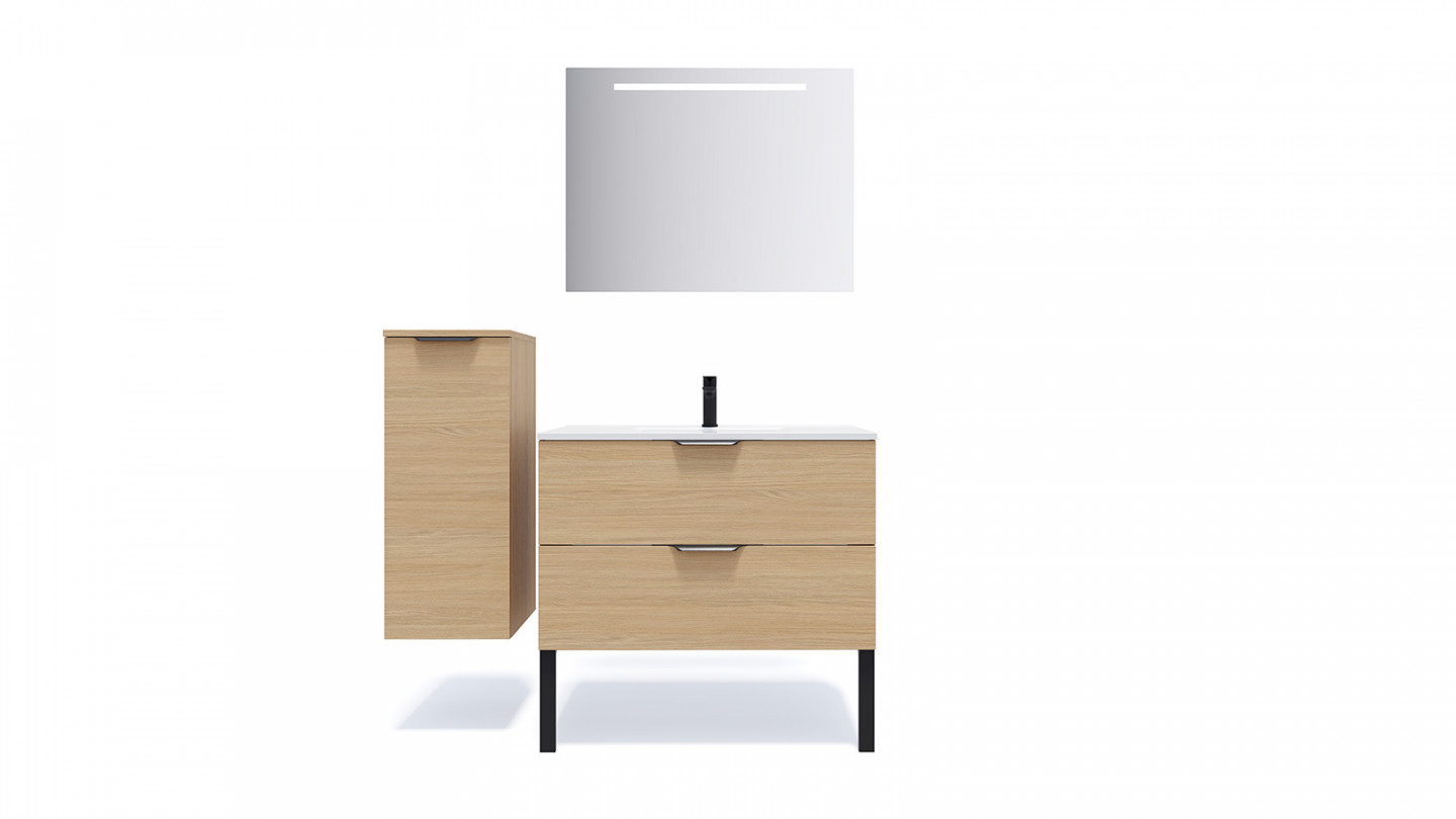 Meuble de salle de bain suspendu vasque intégrée 90cm 2 tiroirs Chêne clair + miroir + colonne ouverture gauche - Swing