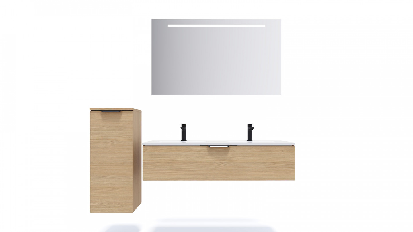 Meuble de salle de bain suspendu double vasque intégrée 120cm 1 tiroir Chêne clair - Swing