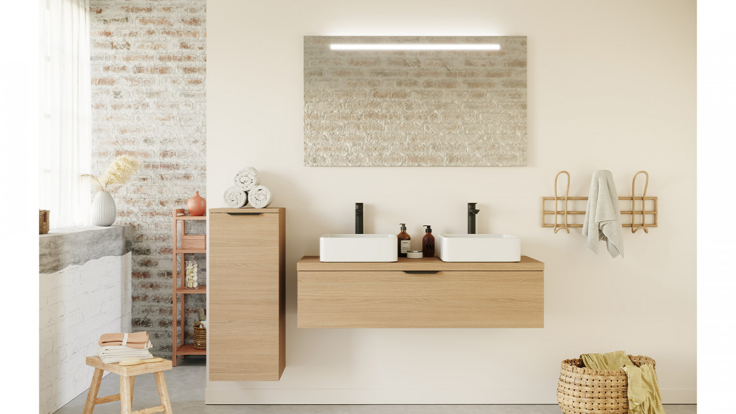 Meuble de salle de bain suspendu 2 vasques à poser 120cm 1 tiroir Chêne clair + miroir - Swing
