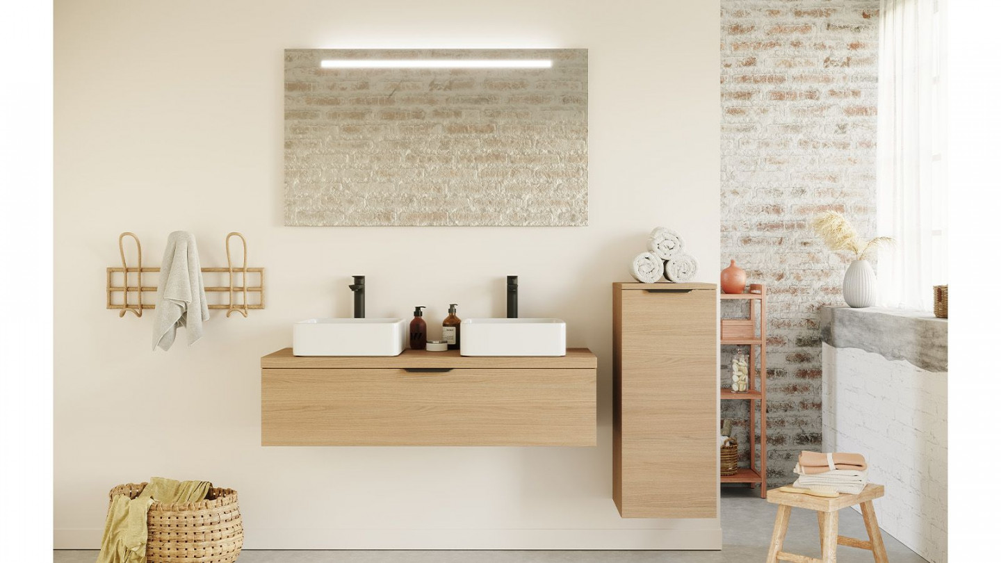 Meuble de salle de bain suspendu 2 vasques à poser 120cm 1 tiroir Chêne clair + miroir + colonne ouverture droite - Swing