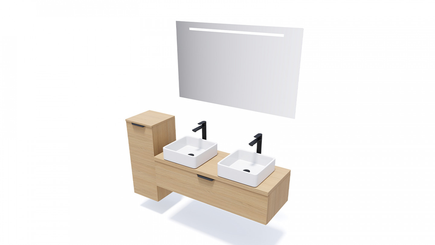 Meuble de salle de bain suspendu 2 vasques à poser 120cm 1 tiroir Chêne clair + miroir + colonne ouverture gauche - Swing