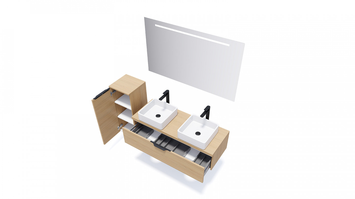 Meuble de salle de bain suspendu 2 vasques à poser 120cm 1 tiroir Chêne clair + miroir + colonne ouverture gauche - Swing