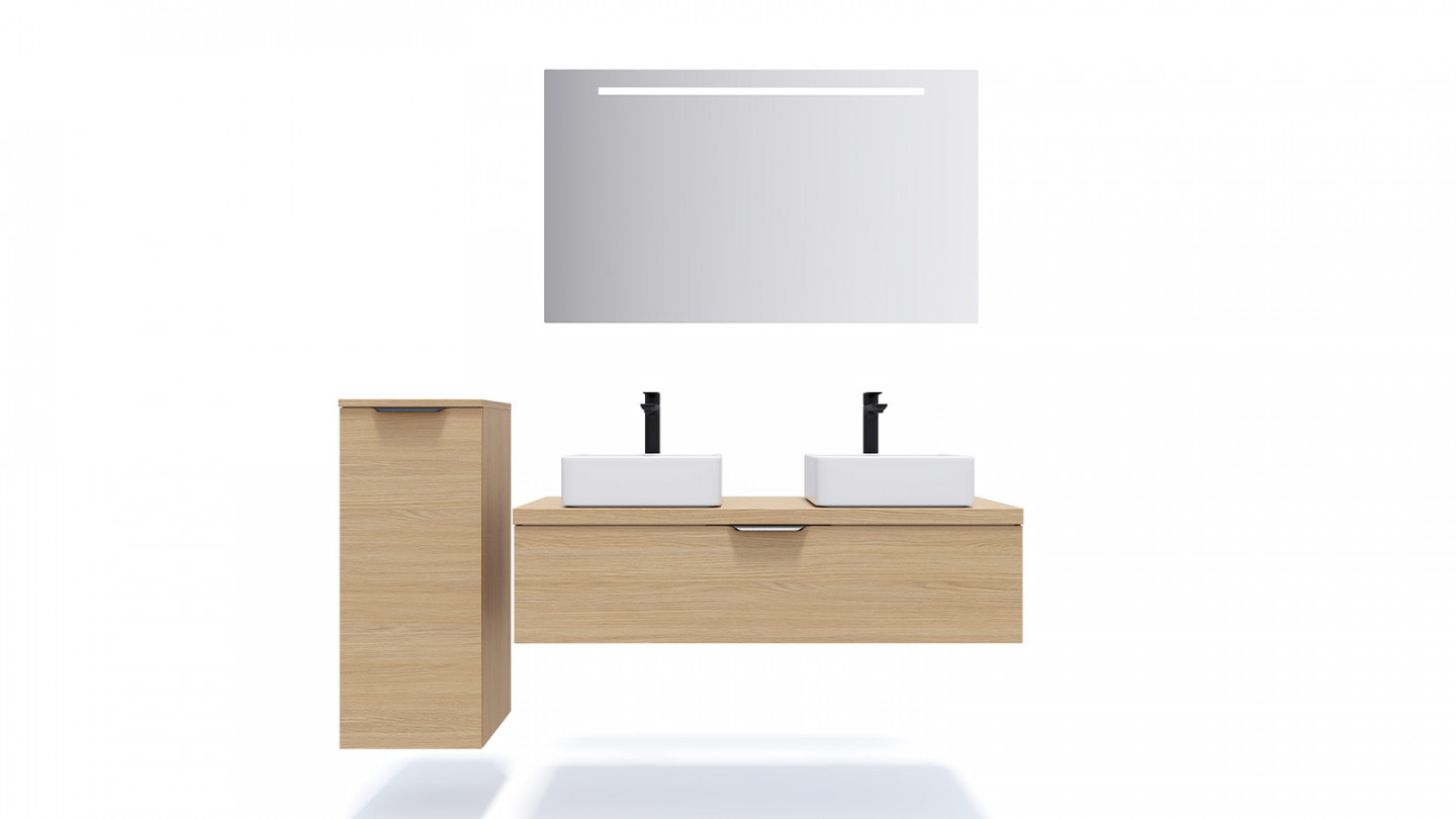 Meuble de salle de bain suspendu 2 vasques à poser 120cm 1 tiroir Chêne clair + miroir + colonne ouverture gauche - Swing