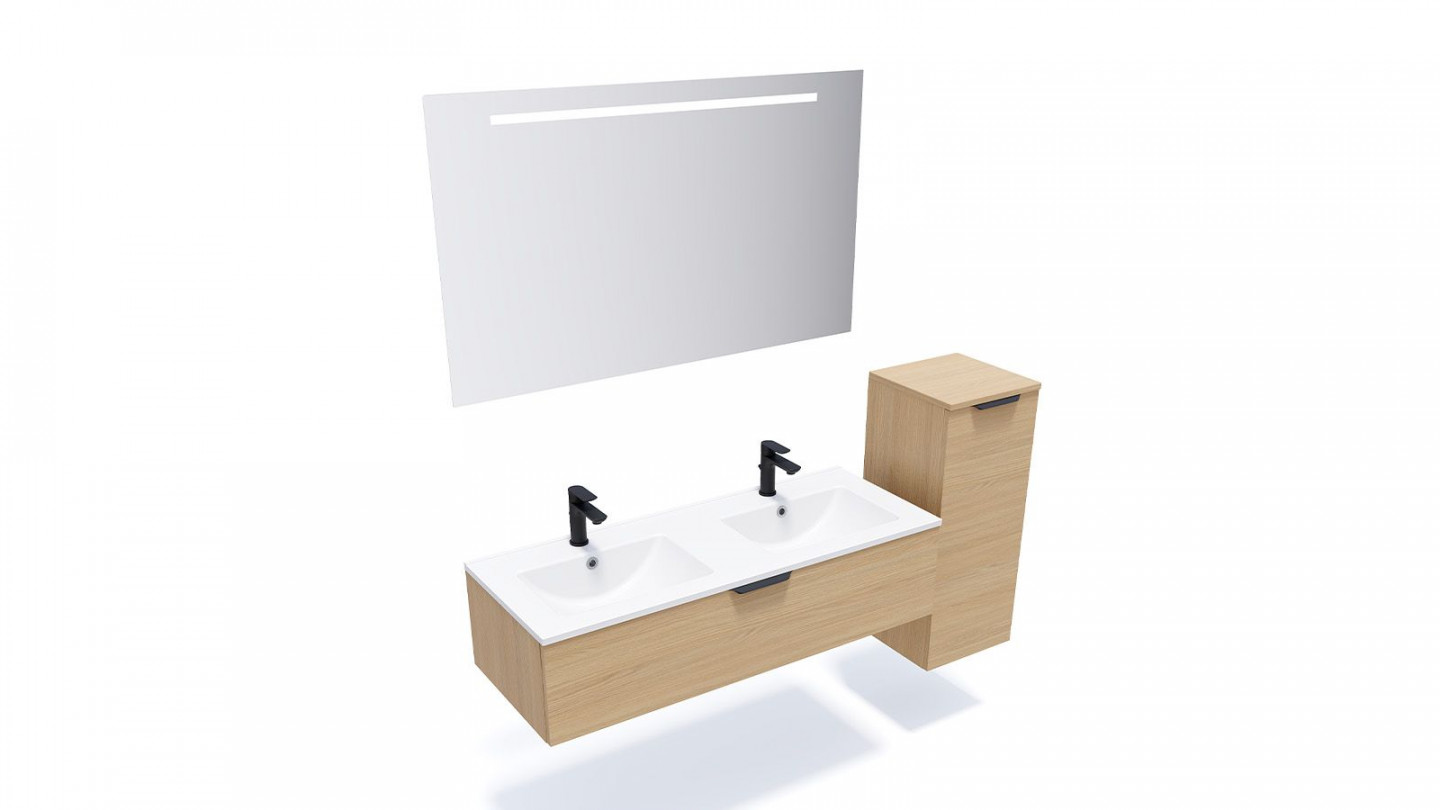 Meuble de salle de bain suspendu double vasque intégrée 120cm 1 tiroir Chêne clair + miroir + colonne ouverture droite - Swing