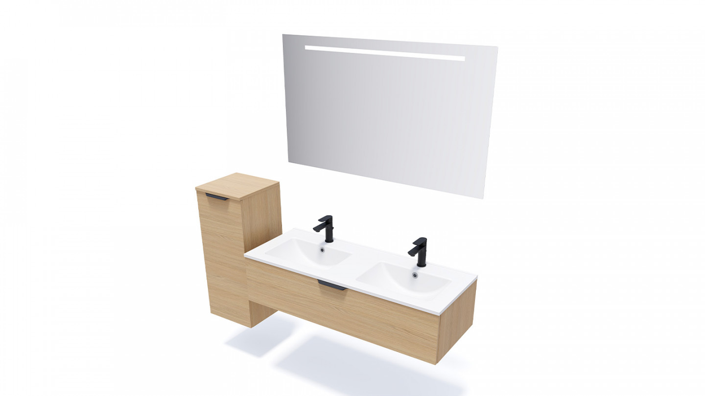 Meuble de salle de bain suspendu double vasque intégrée 120cm 1 tiroir Chêne clair + miroir + colonne ouverture gauche - Swing