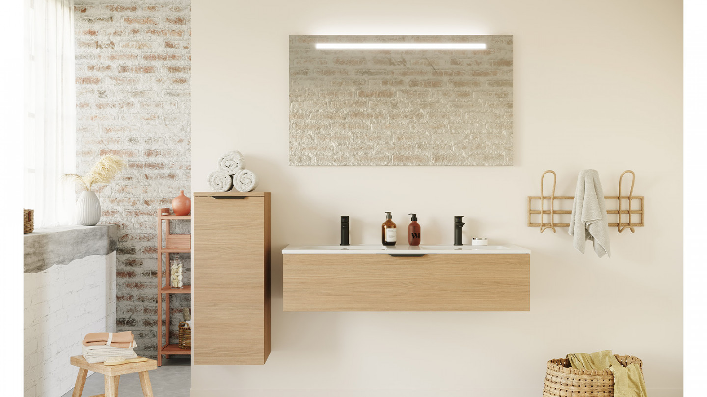 Meuble de salle de bain suspendu double vasque intégrée 120cm 1 tiroir Chêne clair + miroir + colonne ouverture gauche - Swing