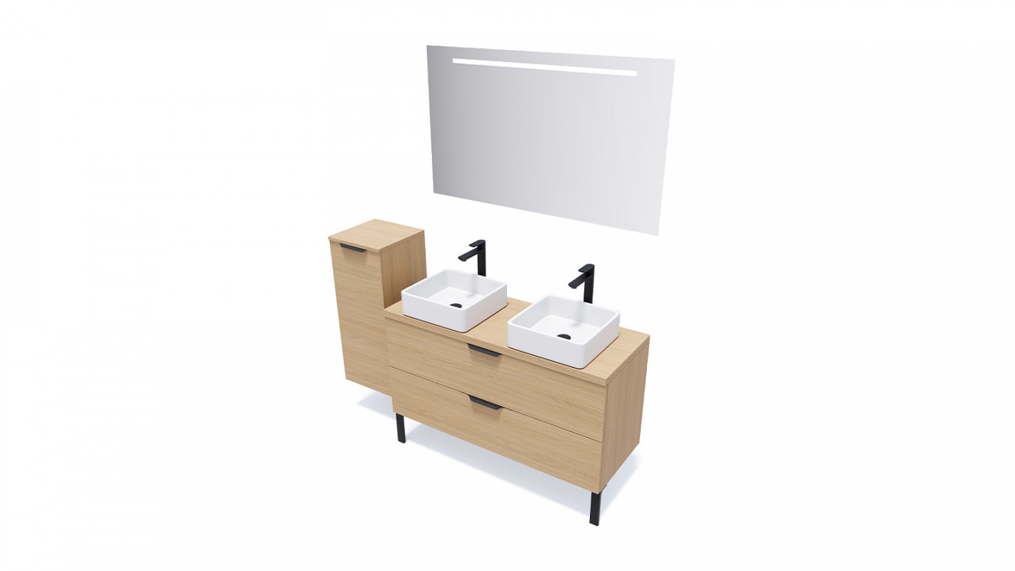 Meuble de salle de bain suspendu 2 vasques à poser 120cm 2 tiroirs Chêne clair + miroir + colonne ouverture gauche - Swing