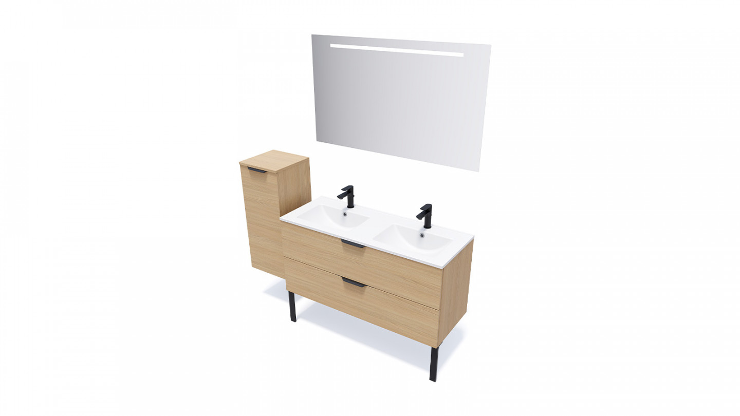 Meuble de salle de bain suspendu double vasque intégrée 120cm 2 tiroirs Chêne clair + miroir + colonne ouverture gauche - Swing