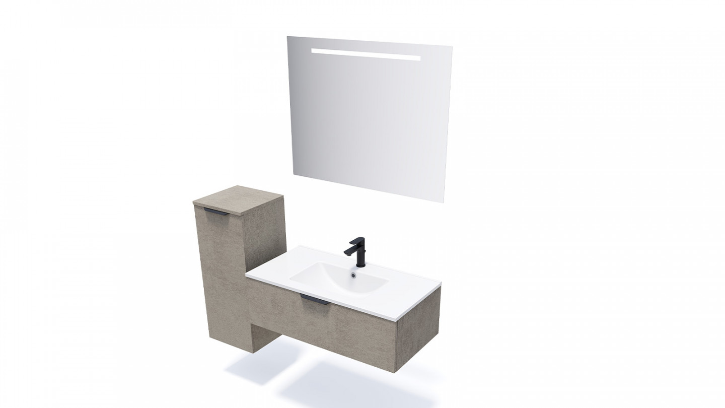 Meuble de salle de bain suspendu vasque intégrée 90cm 1 tiroir façon Béton - Swing