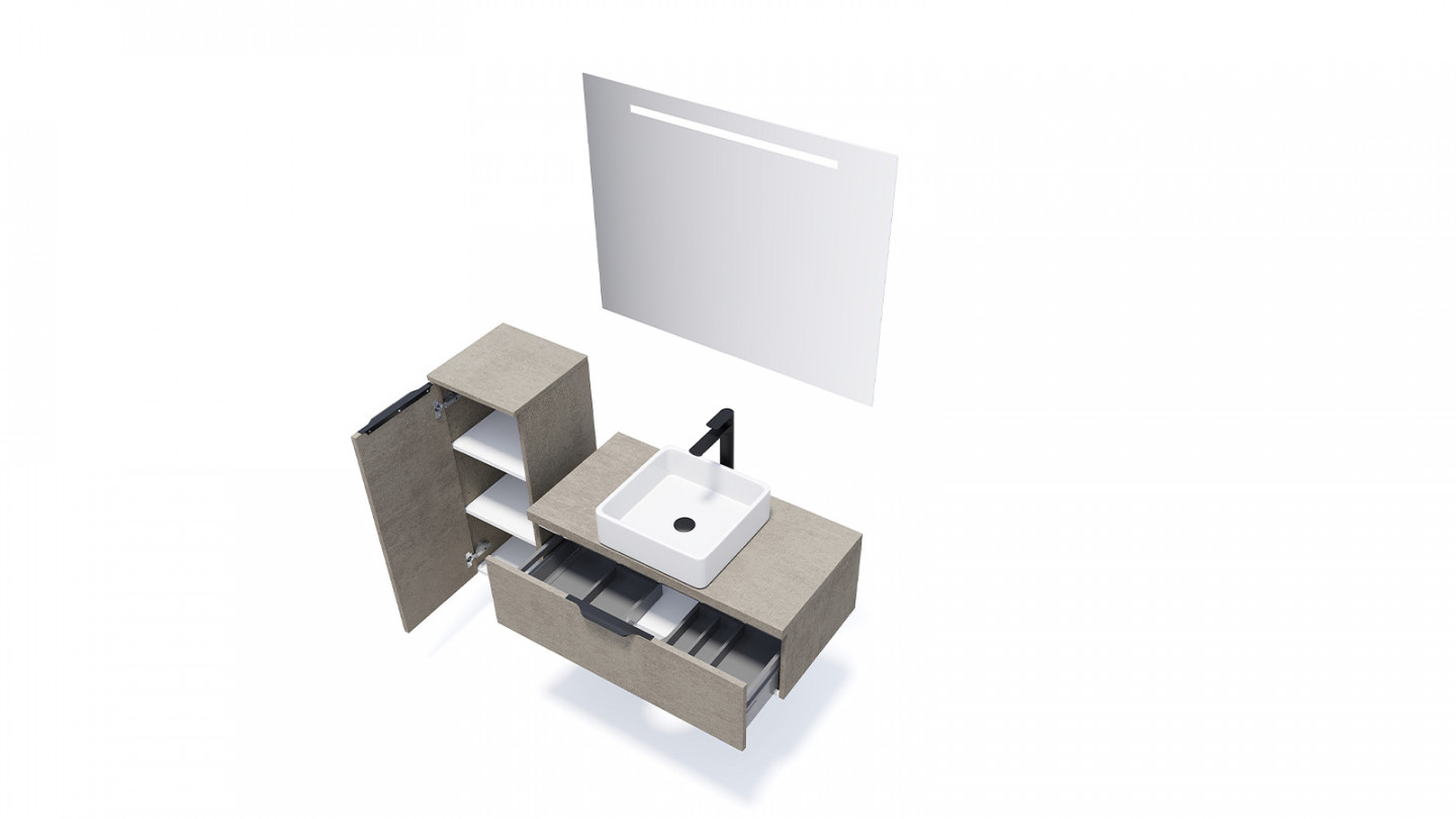 Meuble de salle de bain suspendu vasque à poser 90cm 1 tiroir façon Béton + miroir + colonne ouverture gauche - Swing