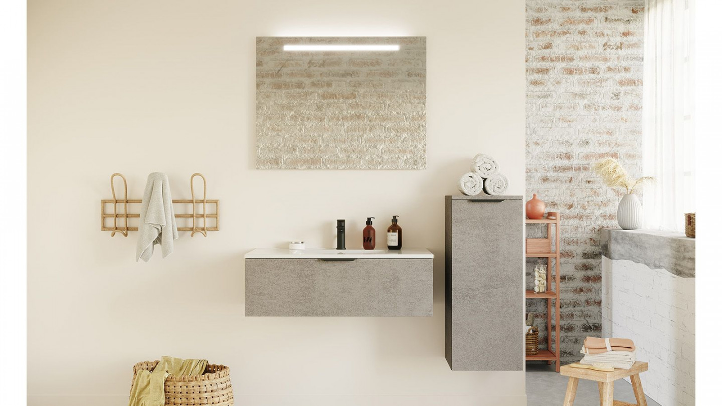 Meuble de salle de bain suspendu vasque intégrée 90cm 1 tiroir façon Béton + miroir + colonne ouverture droite - Swing