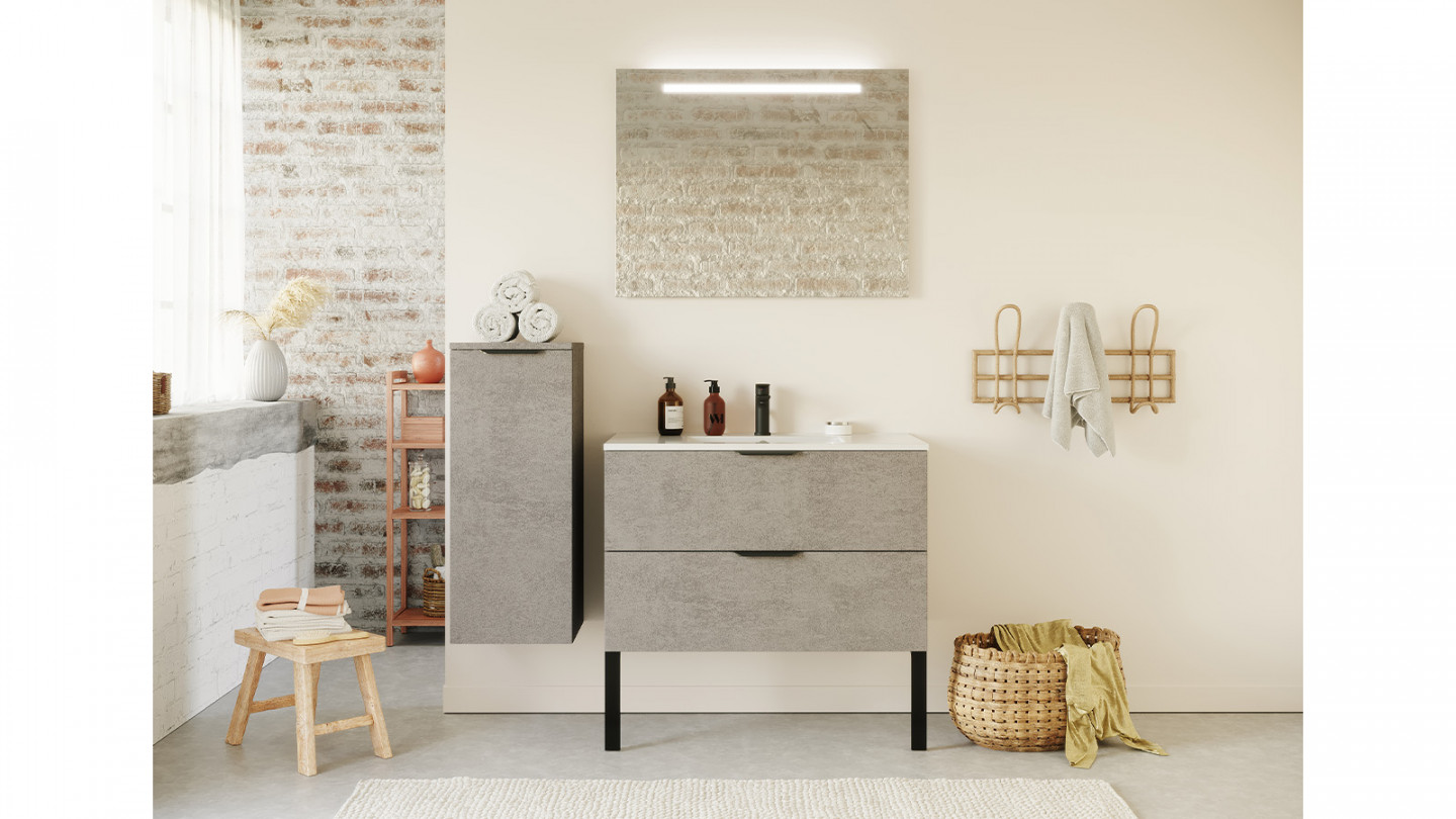 Meuble de salle de bain suspendu vasque intégrée 90cm 2 tiroirs façon Béton + miroir - Swing