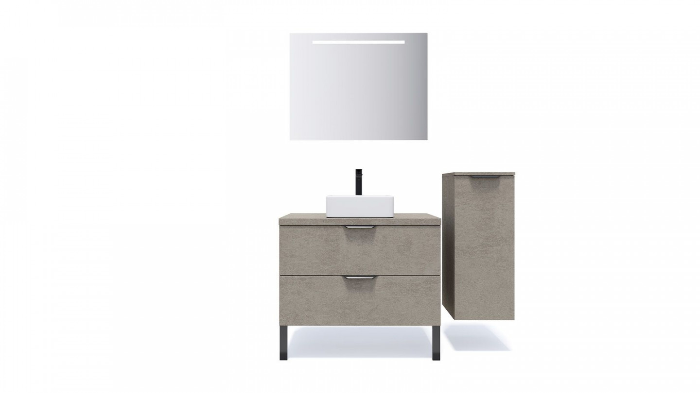 Meuble de salle de bain suspendu vasque à poser 90cm 2 tiroirs façon Béton + miroir + colonne ouverture droite - Swing