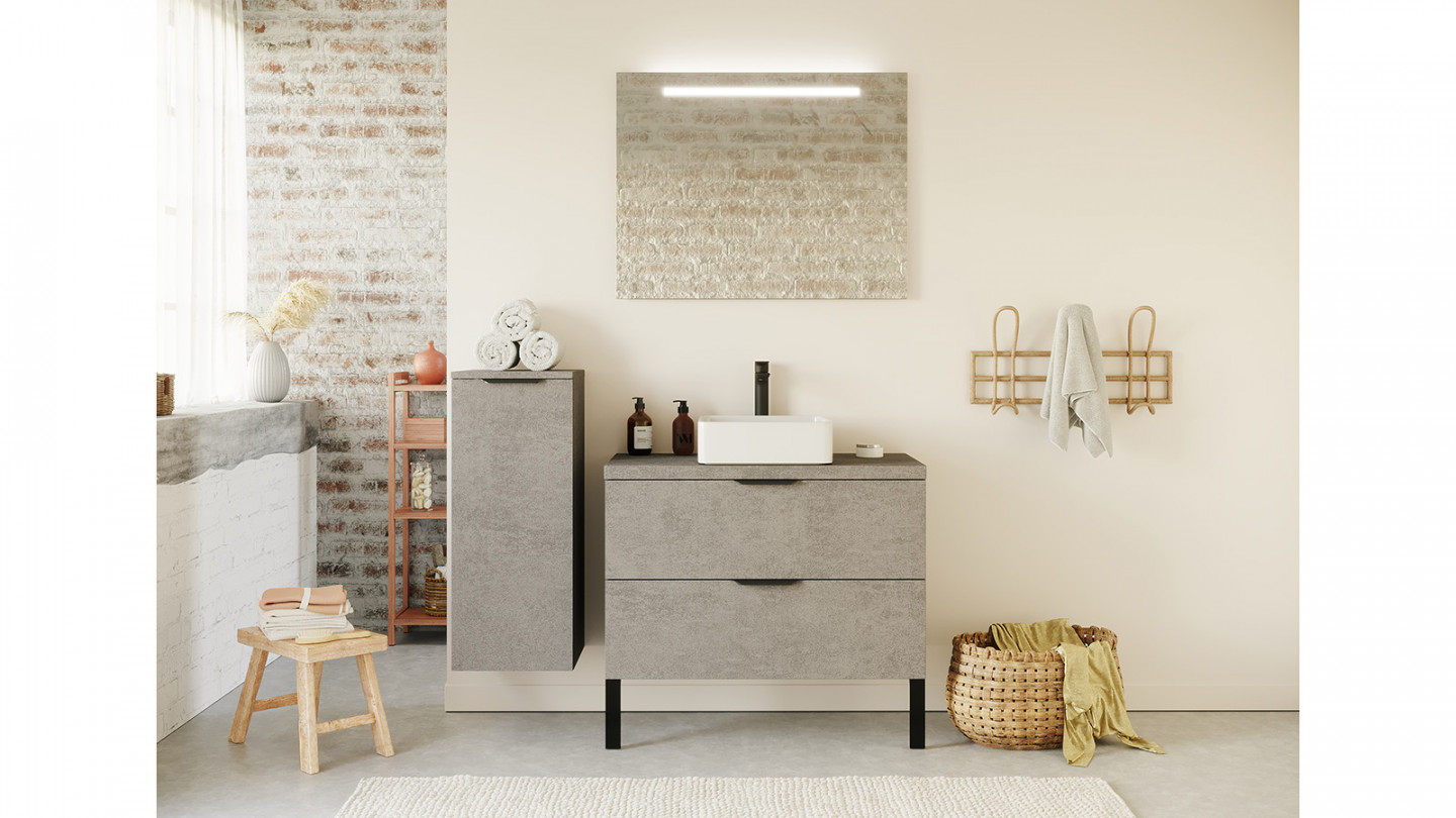 Meuble de salle de bain suspendu vasque à poser 90cm 2 tiroirs façon Béton + miroir + colonne ouverture gauche - Swing