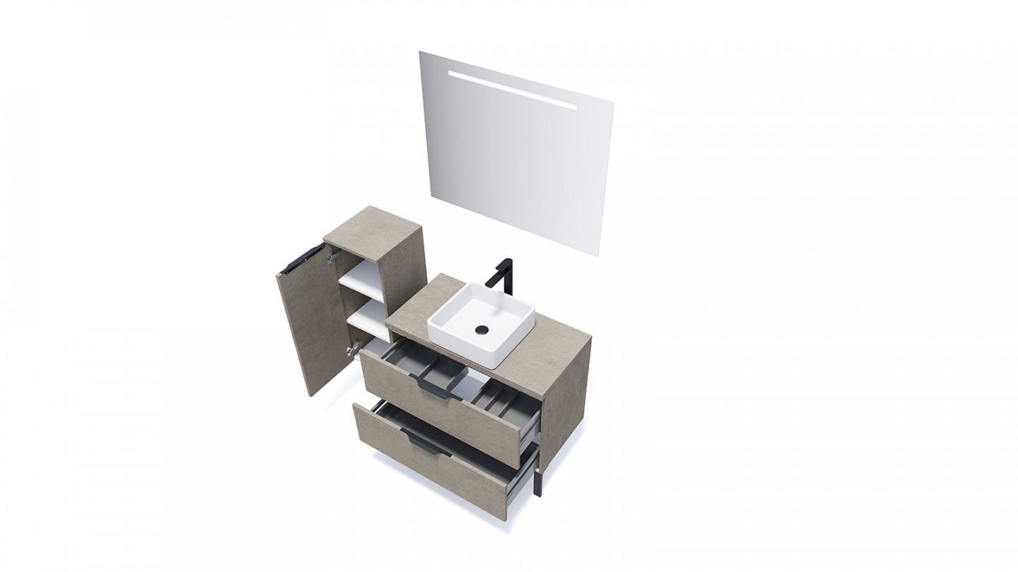 Meuble de salle de bain suspendu vasque à poser 90cm 2 tiroirs façon Béton + miroir + colonne ouverture gauche - Swing