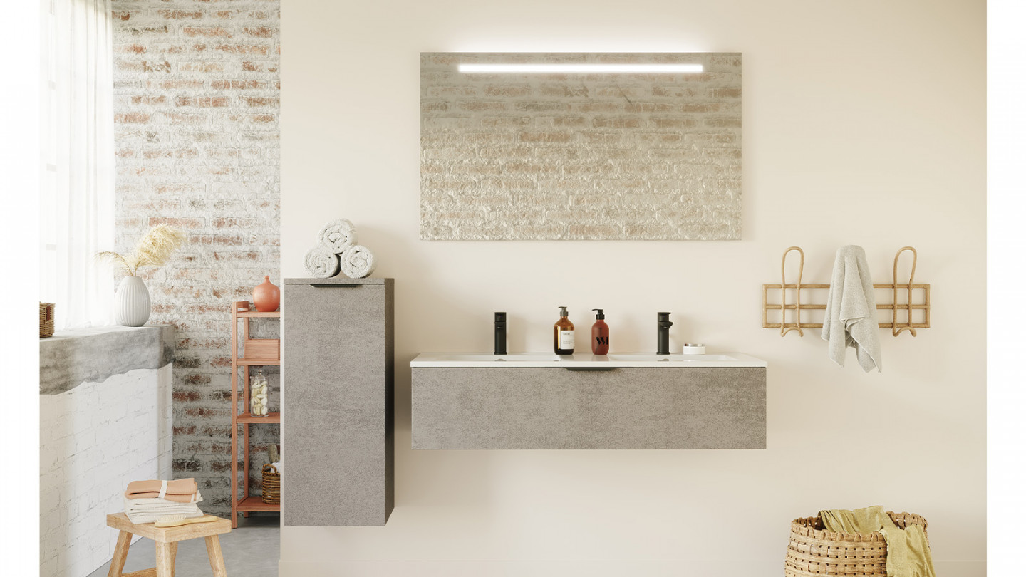 Meuble de salle de bain suspendu double vasque intégrée 120cm 1 tiroir façon Béton - Swing
