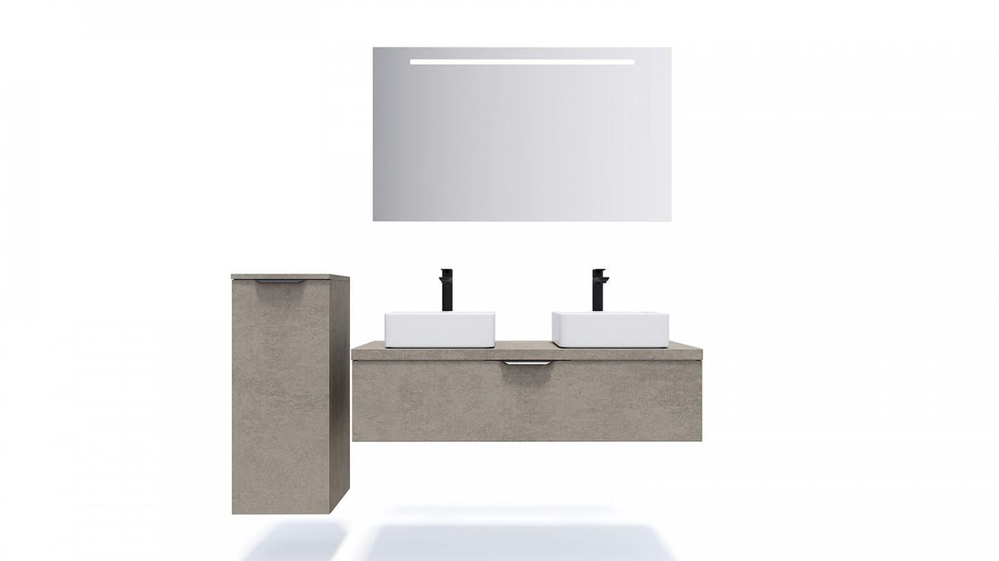 Meuble de salle de bain suspendu 2 vasques à poser 120cm 1 tiroir façon Béton + miroir - Swing
