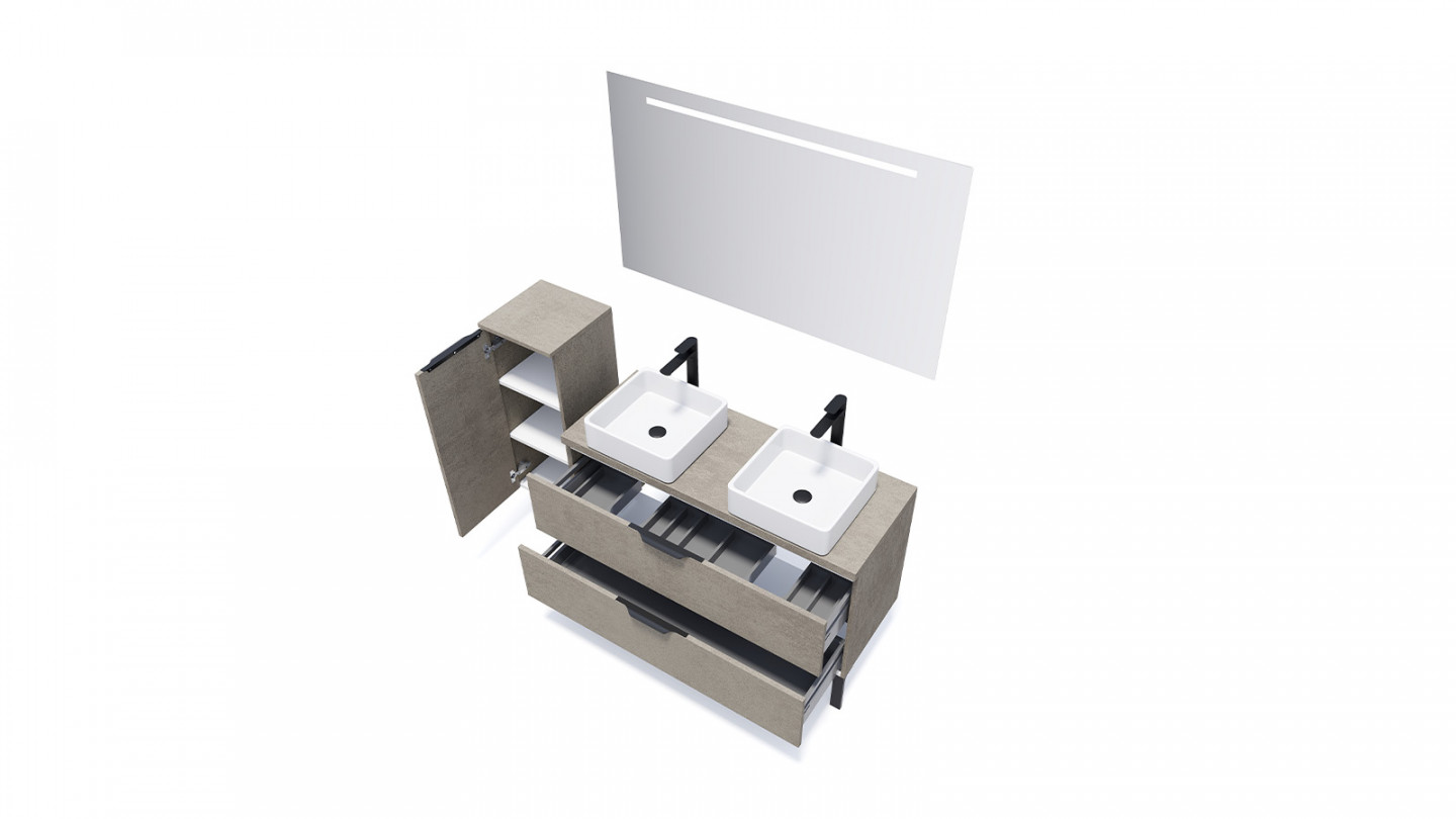 Meuble de salle de bain suspendu 2 vasques à poser 120cm 2 tiroirs façon Béton - Swing