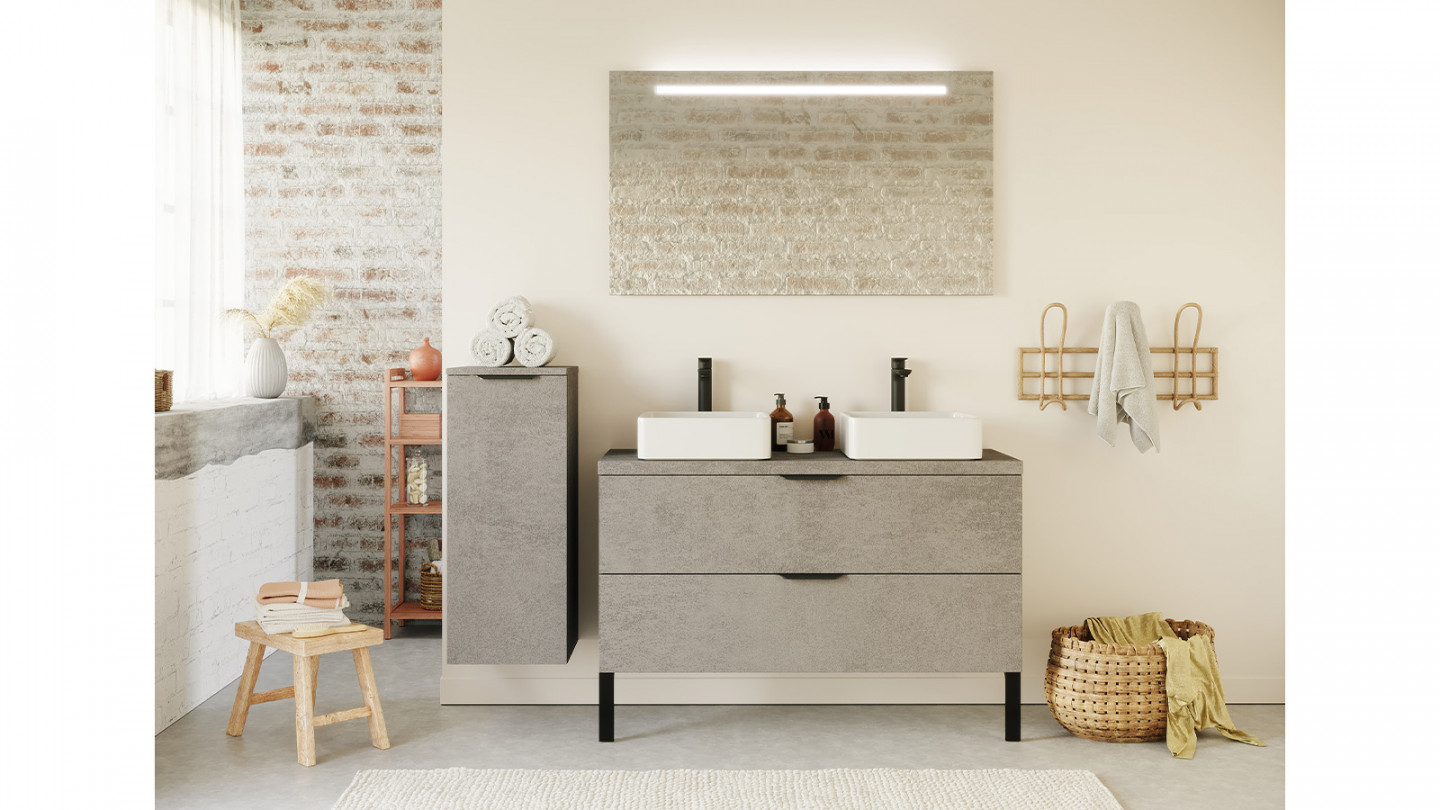 Meuble de salle de bain suspendu 2 vasques à poser 120cm 2 tiroirs façon Béton - Swing