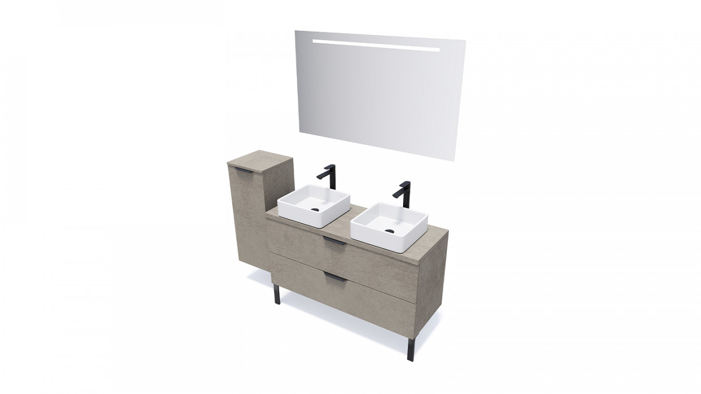 Meuble de salle de bain suspendu 2 vasques à poser 120cm 2 tiroirs façon Béton + miroir - Swing