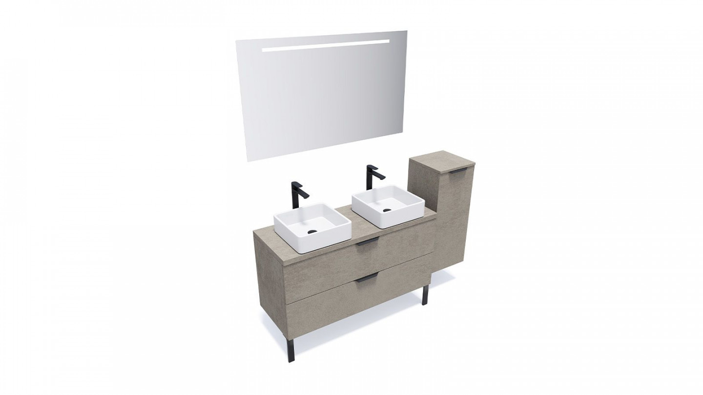 Meuble de salle de bain suspendu 2 vasques à poser 120cm 2 tiroirs façon Béton + miroir + colonne ouverture droite - Swing