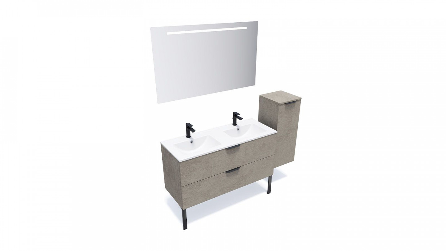 Meuble de salle de bain suspendu double vasque intégrée 120cm 2 tiroirs façon Béton + miroir + colonne ouverture droite - Swing