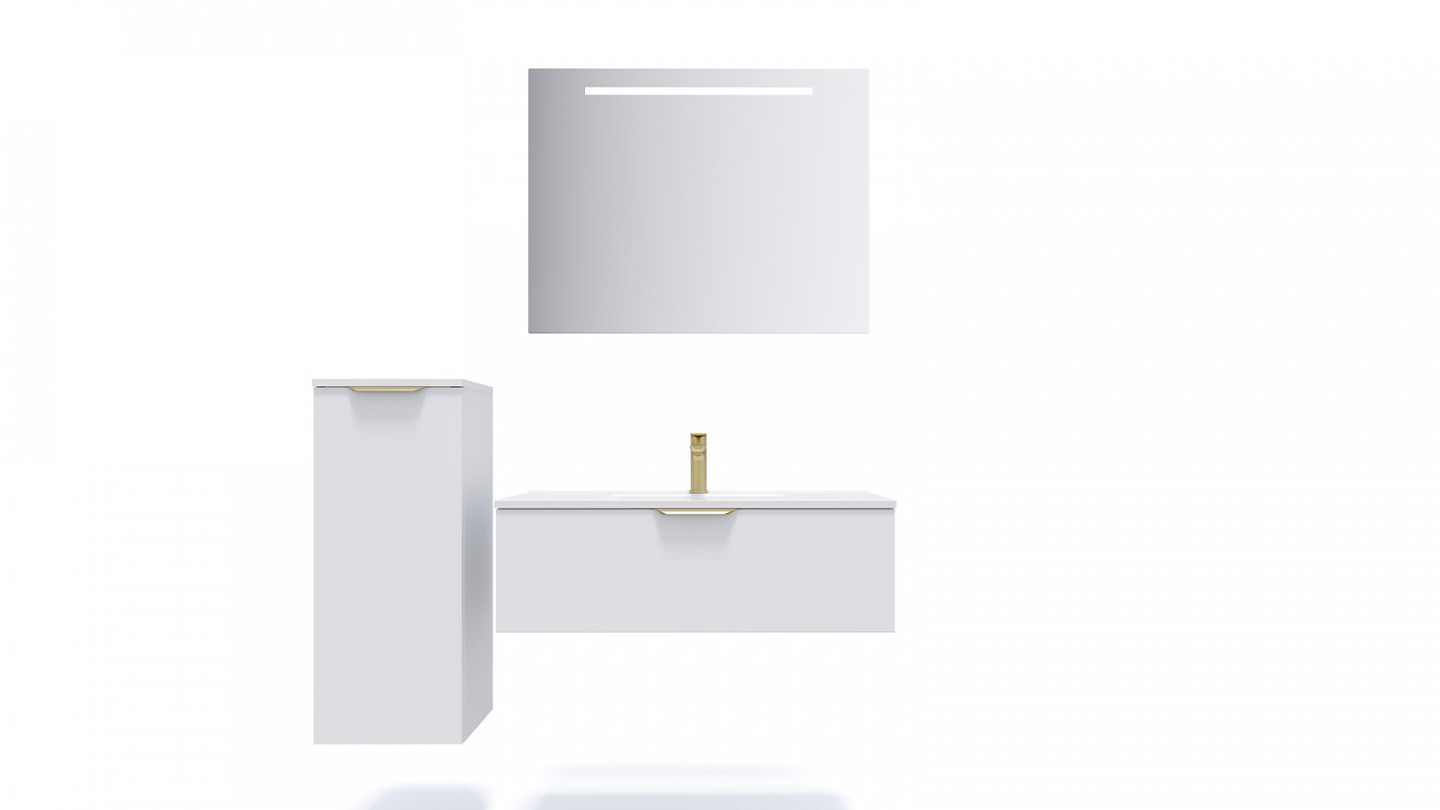 Meuble de salle de bain suspendu vasque intégrée 90cm 1 tiroir Blanc + miroir - Swing