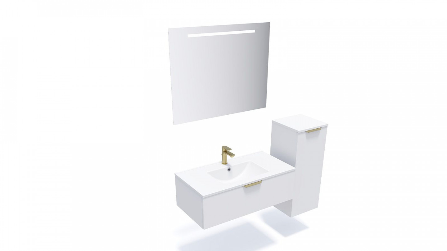 Meuble de salle de bain suspendu vasque intégrée 90cm 1 tiroir Blanc + miroir + colonne ouverture droite - Swing