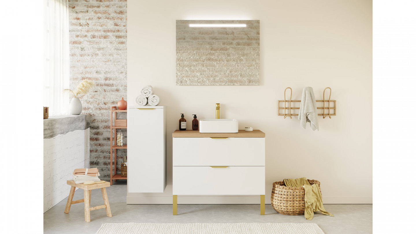 Meuble de salle de bain suspendu vasque à poser 90cm 2 tiroirs Blanc + miroir + colonne ouverture gauche - Swing