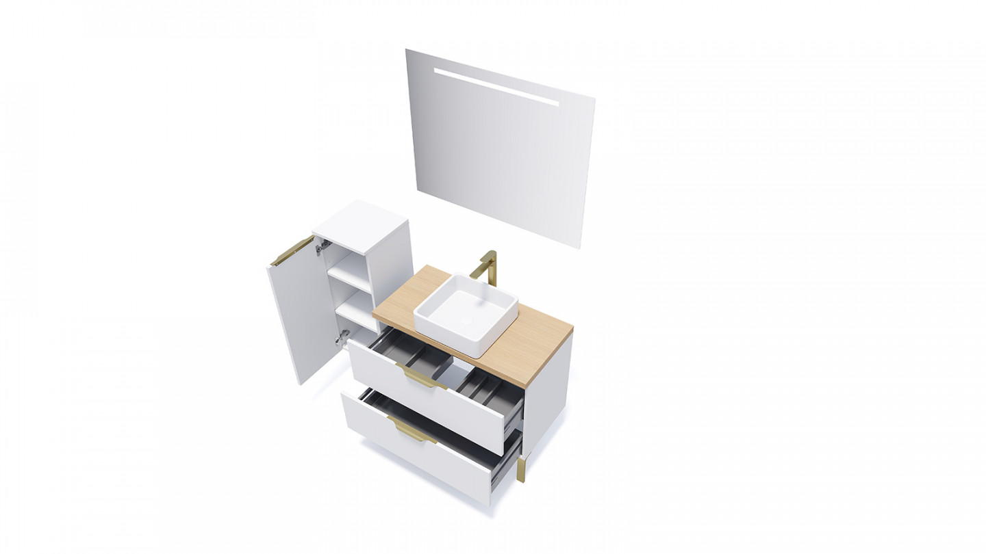 Meuble de salle de bain suspendu vasque à poser 90cm 2 tiroirs Blanc + miroir + colonne ouverture gauche - Swing