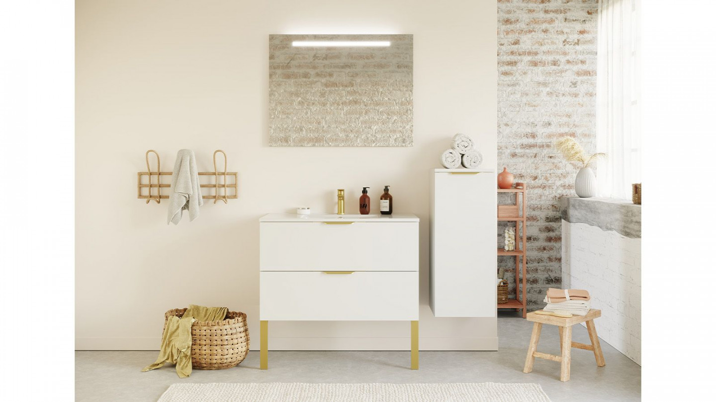 Meuble de salle de bain suspendu vasque intégrée 90cm 2 tiroirs Blanc + miroir + colonne ouverture droite - Swing