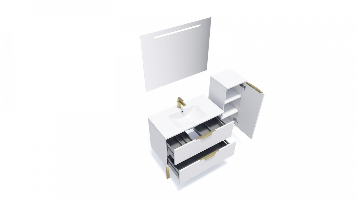 Meuble de salle de bain suspendu vasque intégrée 90cm 2 tiroirs Blanc + miroir + colonne ouverture droite - Swing